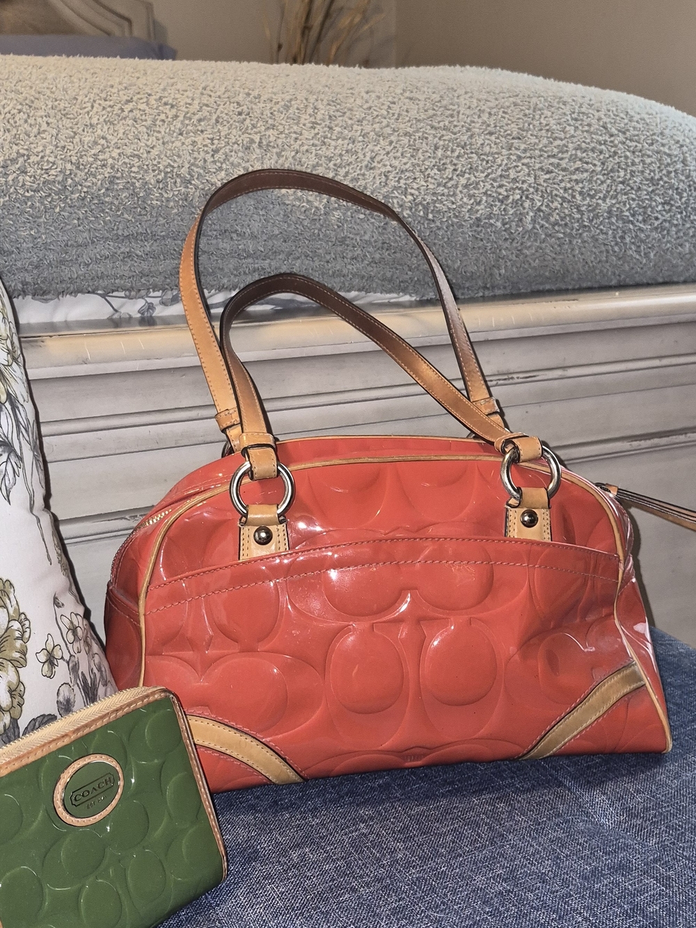Coach Coral Patent Leather Satchel with Tan Trim - Picture 3 of 3